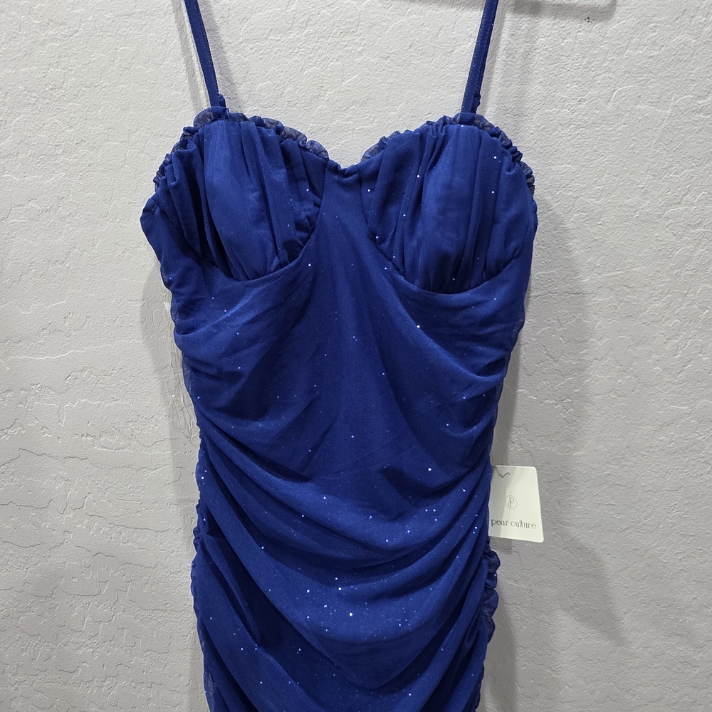 Blue Ruched Dress with Spaghetti Straps